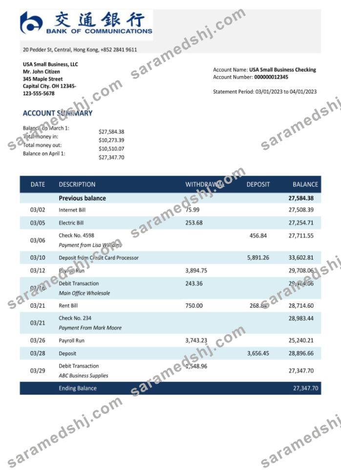 BANK of Communications bank enterprise account statement Word and PDF template